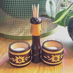 Zermatt Wooden Edelweiss Pyrograph Double Salt Pig and Toothpick Holder, Vintage